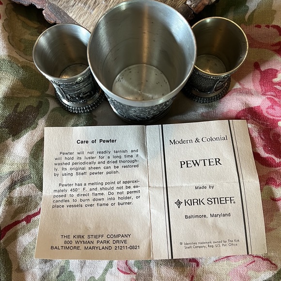 Vtg 70s KIRK STIEFF Pewter Cups German Scenes Shot Glasses & Cup 3-Piece Set Bar - Picture 12 of 16